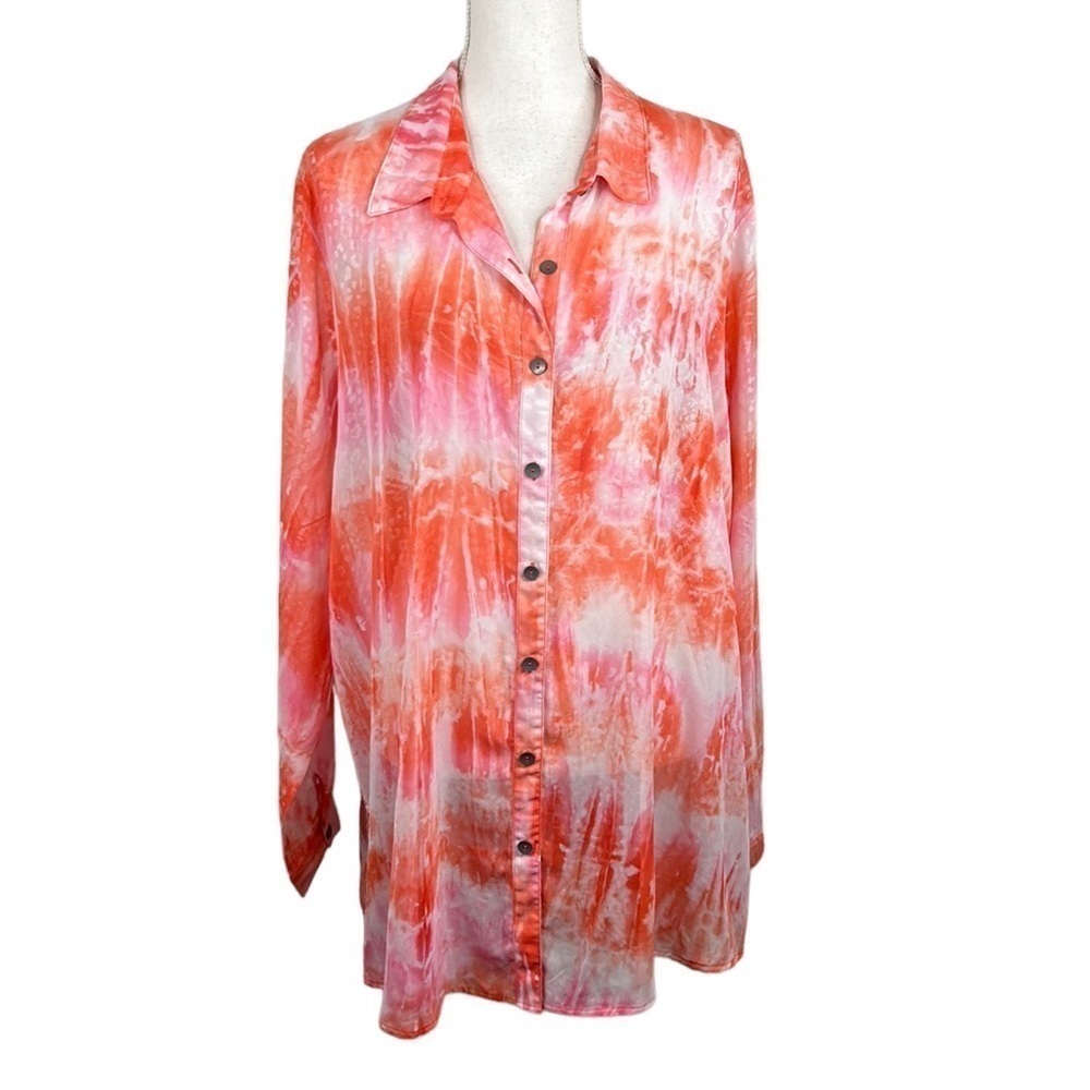 Erin London Orange & White Tunic Tie Dye Sheer Button Down Top Size Large‎